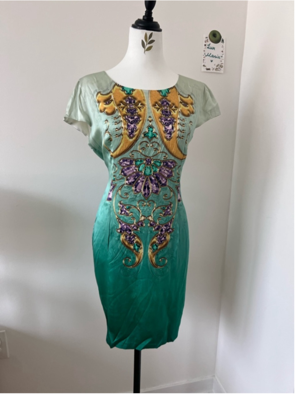 Vintage Jeweled Print Silk Dress | Ombré Jewel Motif Baroque Green Teal Size L